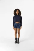Basic Lacivert Kapüşonlu Crop Sweatshirt thumbnail 4