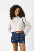 Basic Gri Kapüşonlu Crop Sweatshirt thumbnail 7