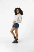 Basic Gri Kapüşonlu Crop Sweatshirt thumbnail 5