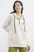 Yarım Fermuarlı Kapüşonlu Sweatshirt - Bej thumbnail 3