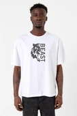 Mr Beast Half Face Beyaz Erkek Oversize Tshirt thumbnail 1