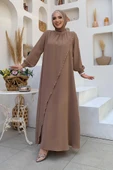 Çapraz Parça Görünümlü İncili Elbise 3879 Vizon thumbnail 9