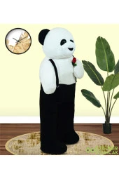 117 Cm Elinde Çiçek Tutan Tulumlu Peluş Panda thumbnail 1