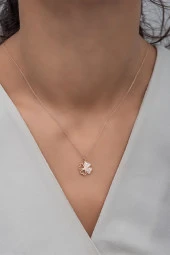 925 Ayar Gümüş Rose 4 Kalpli Yonca Kolye thumbnail 1
