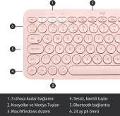 Logitech K380 Pembe Kablosuz Klavye Outlet thumbnail 8