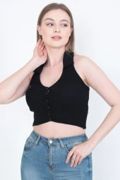 Triko Yakalı Düğmeli  Kısa Kollu Crop thumbnail 1