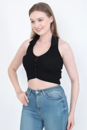 Triko Yakalı Düğmeli  Kısa Kollu Crop thumbnail 2