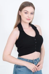 Triko Yakalı Düğmeli  Kısa Kollu Crop thumbnail 4