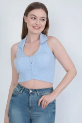 Triko Yakalı Düğmeli  Kısa Kollu Crop thumbnail 5