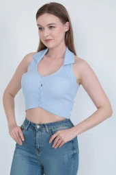Triko Yakalı Düğmeli  Kısa Kollu Crop thumbnail 7