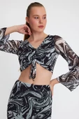 Kadın Ön Astarlı Mesh Crop Bluz Siyah thumbnail 1