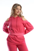 Kadın Kapüşonlu Omuz Dekolteli Sweatshirt Pembe thumbnail 1