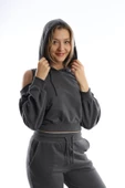 Kadın Kapüşonlu Omuz Dekolteli Sweatshirt Antrasit thumbnail 3