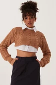 Kadın Triko Crop Sweatshirt Taba thumbnail 1