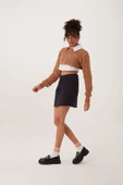 Kadın Triko Crop Sweatshirt Taba thumbnail 3