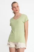 Kadın Bambu kumaş V Yaka T-shirt  Mint thumbnail 1