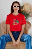 Oversize Baskılı Crop Tişört - Mercan thumbnail 2