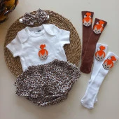 MARS BABY Kız Bebek Leopar Çakıl Fırfır Şort Etek Bodyli Bandana Çorap Takımı thumbnail 1