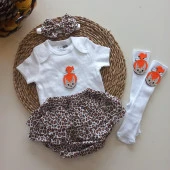 MARS BABY Kız Bebek Leopar Çakıl Fırfır Şort Etek Bodyli Bandana Çorap Takımı thumbnail 2