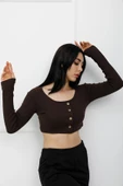 Sahte Düğmeli Mini Crop Bady Kahve - P-020494 thumbnail 1