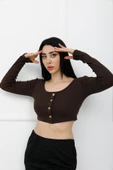 Sahte Düğmeli Mini Crop Bady Kahve - P-020494 thumbnail 2