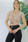 Ön Büzgülü Crop Bluz Camel - 1293.33 thumbnail 4