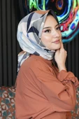 Yaprak Desen Mavi Soft Pamuk Eşarp thumbnail 2
