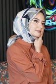 Yaprak Desen Mavi Soft Pamuk Eşarp thumbnail 5