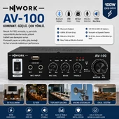 NWORK AV-100 Anfi 100 Watt 12V 220V Bluetooth Usb Sd thumbnail 1