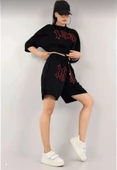 Unisex Nakış İşlemeli Şort Takım - Siyah thumbnail 3