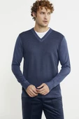 Regular Fit Jakarlı Yünlü Triko Kazak - Indigo thumbnail 3