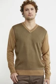 Regular Fit Jakarlı Yünlü Triko Kazak - Kamel thumbnail 3