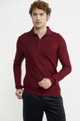Polo Yaka Düğmeli Triko Kazak - Bordo thumbnail 3