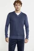 Regular Fit Jakarlı Yünlü Triko Kazak - Indigo thumbnail 2