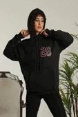 Unisex Kapşonlu Baskılı Sweetshirt - Siyah thumbnail 2
