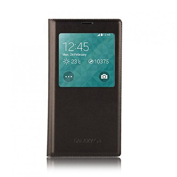 FitCase Samsung Galaxy S5 (G900) S View Dikişli Deri Pencereli Kılıf Siyah ürün görseli 1