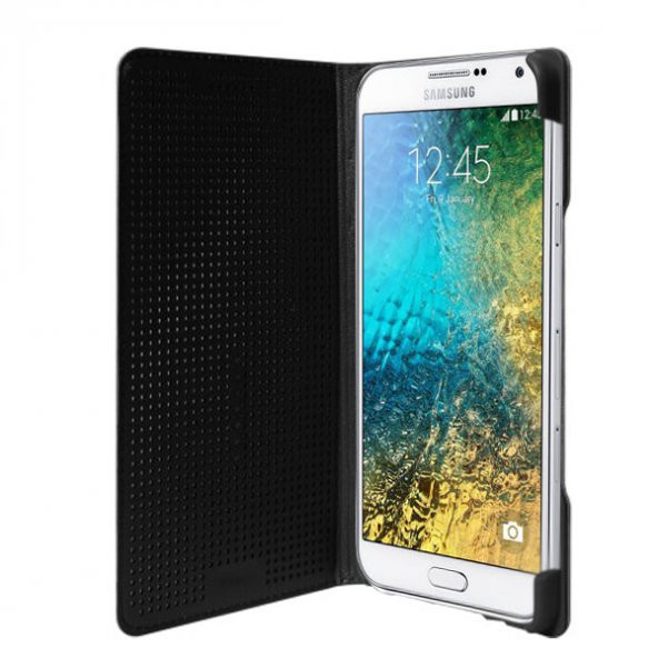 Galaxy E7 (E700) Dot View Yan Kapaklı Uyku Modlu Kılıf Siyah - Resim 2