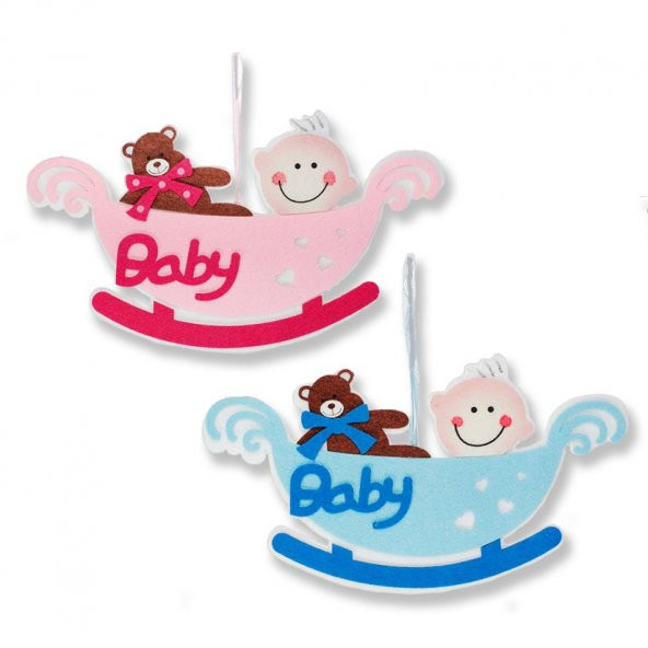 Ayıcıkılı Kızakta Bebek Keçe Kapı Süsü 29x17cm ürün görseli 1