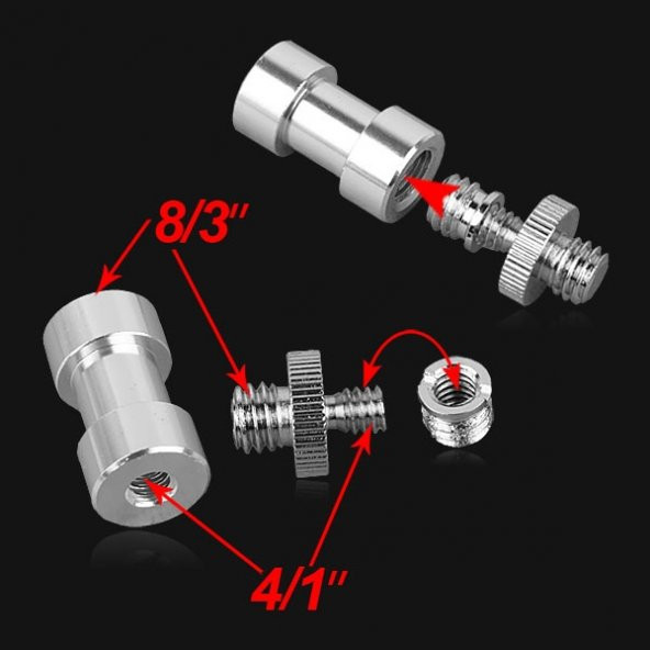 Tripod, Monopod, Işık Standı Vb. için 3 Parça Adaptör Vida Seti - Resim 9