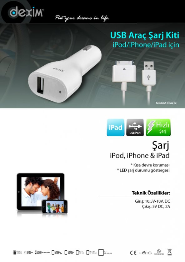 Dexim DCA212 Apple iPhone 4 /4S Araç Şarjı + Kablo - Resim 2