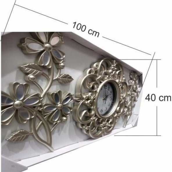 Üç 3 Parçalı Rustik Ferforje Gümüş 40 cm Camlı Oymalı Duvar Saati ürün görseli 1