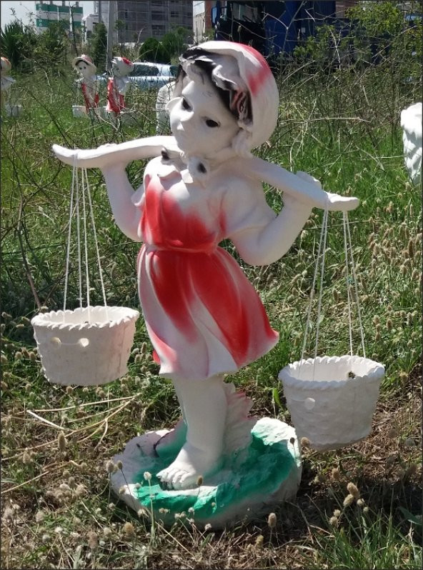 Sepetli Bakraçlı Kız İç Dış Mekan 55cm Saksılı Oda Bahçe Heykeli ürün görseli 1