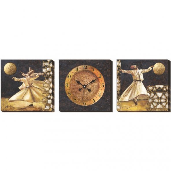Mevlana Semazen Üçlü 3 lü Kanvas Canvas Duvar Saati ürün görseli 1