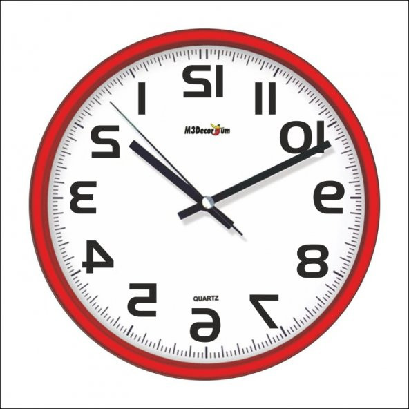 Ters Kadran 28cm Terse Çalışan Kırmızı Çerçeve Duvar Saati ürün görseli 1
