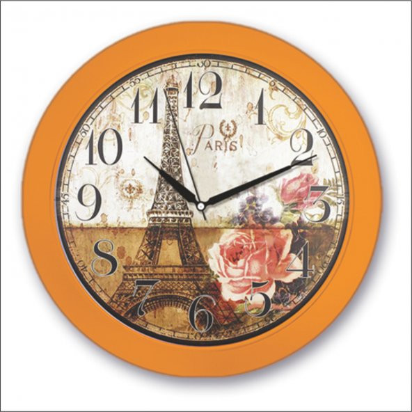 Turuncu Çerçeve Eyfel Kuleli Retro Sorti Paris Duvar Saati ürün görseli 1