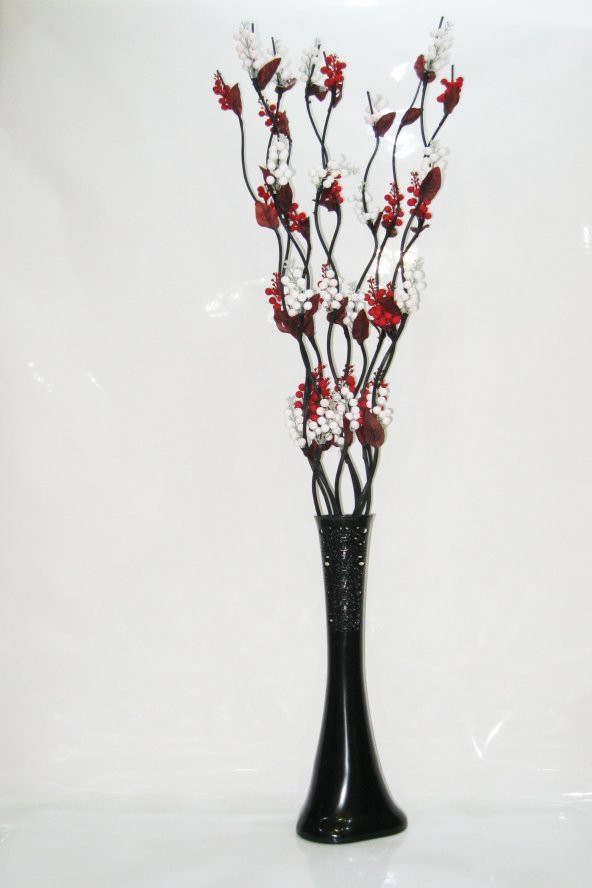 10 Dallı Beyaz Kırmızı Üzüm Çiçek 60 cm Siyah Desenli Uzun Vazo ürün görseli 1