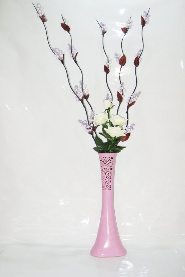 60 cm Uzun Pembe Desenli Vazo 5 Adet Mor 20 Salkım Üzüm Beyaz Gül ürün görseli 1