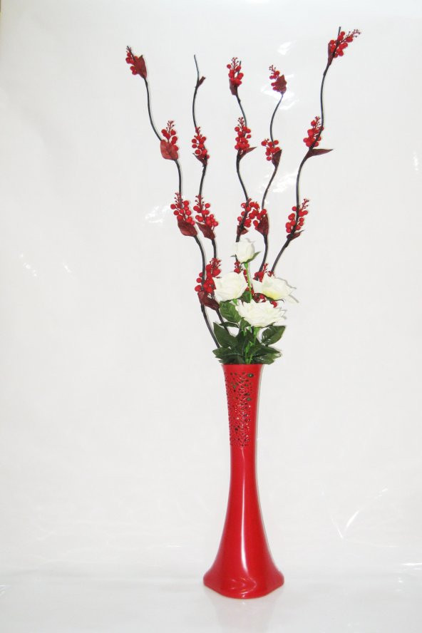 60 cm Kırmızı Vazo Kırmızı 5 Adet Üzüm Çiçek Beyaz Gül ürün görseli 1