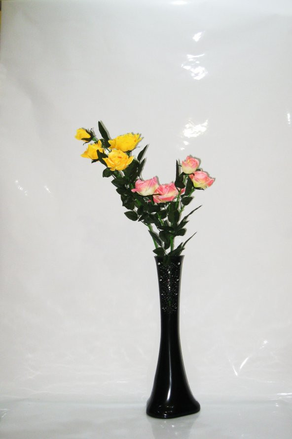 60 cm Siyah Desenli Vazo Sarı Pembe Gül ürün görseli 1