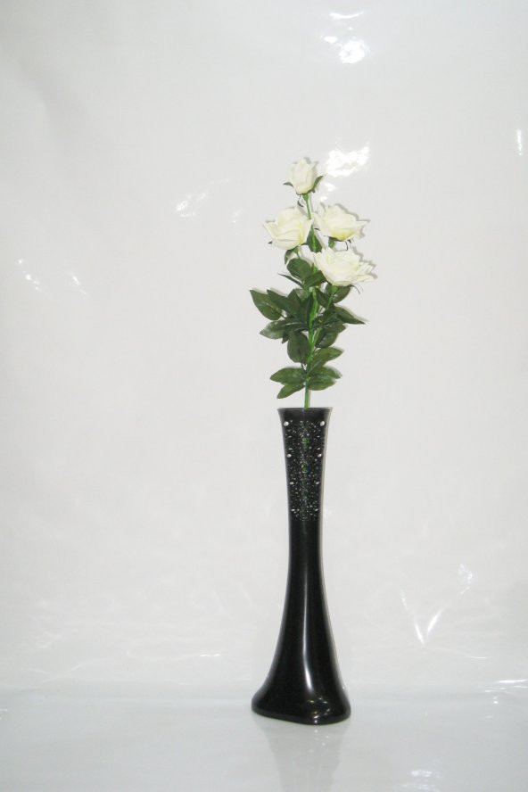 60 cm Desenli Siyah Vazo Beyaz Gül ürün görseli 1